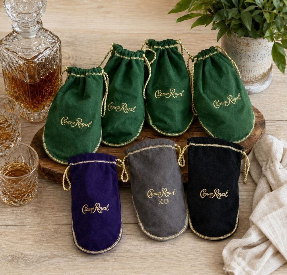 Mixed Lot Crown Royal 750ml Drawstring Bags 8 Green, 1 Purple & 1 Grey XO, Black